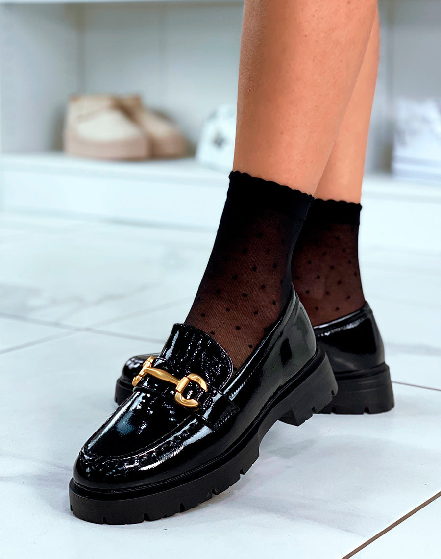Mocassins noires vernies à détail doré pour femme