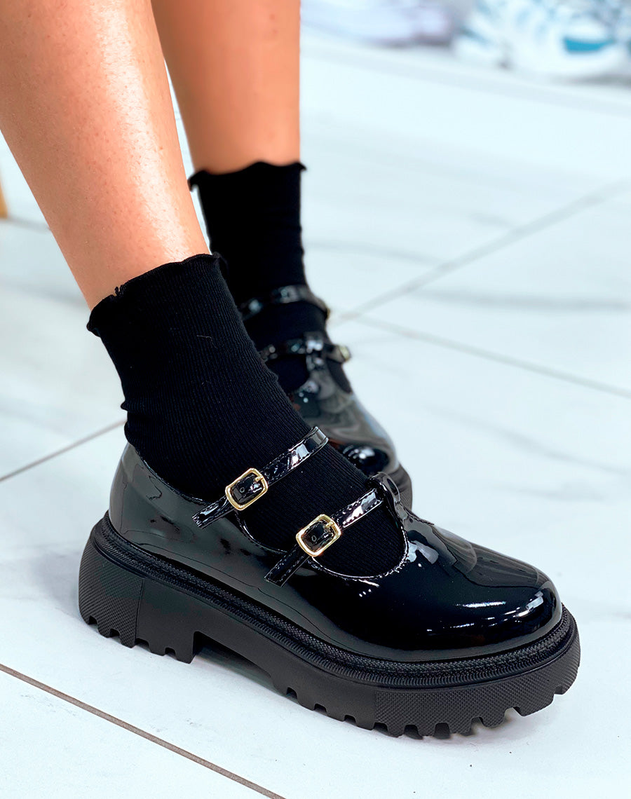 Mocassins noires vernis ouverts à plateforme avec lanières