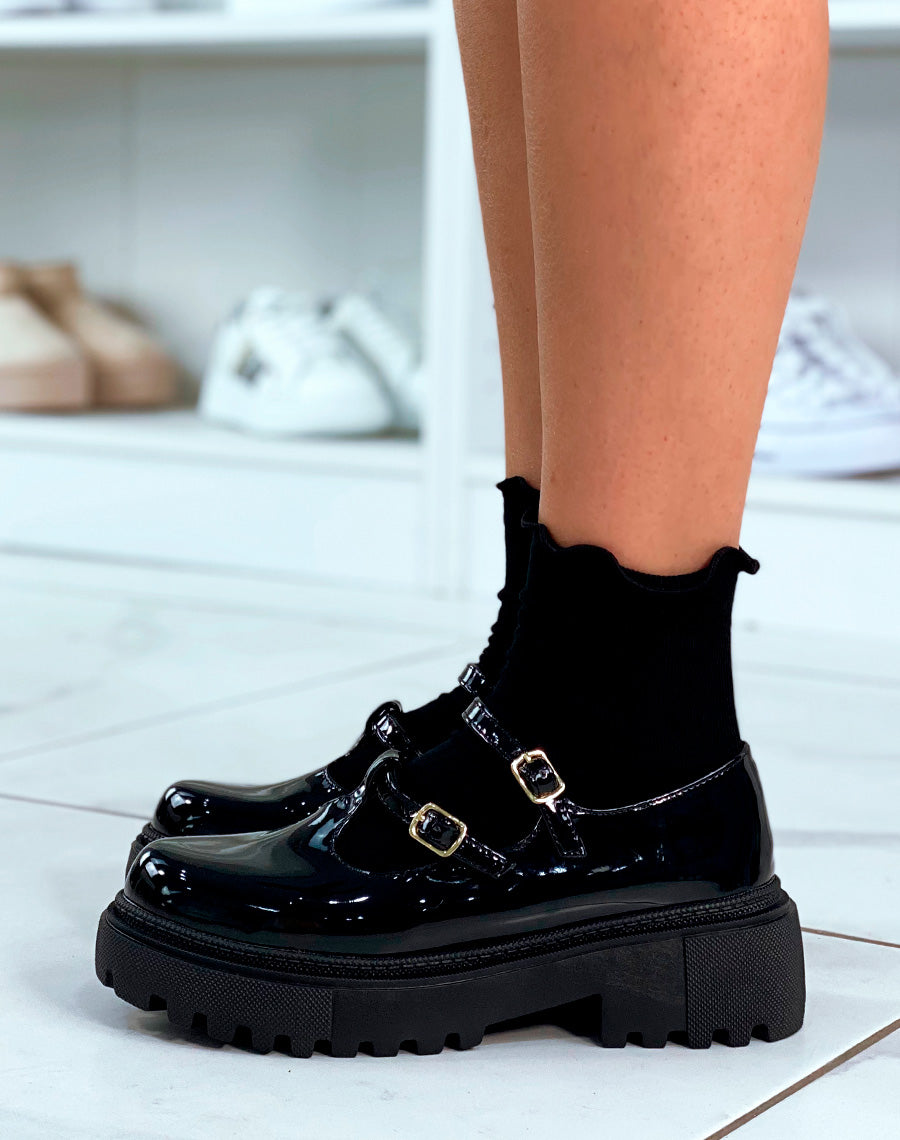 Mocassins noires vernis ouverts à plateforme avec lanières