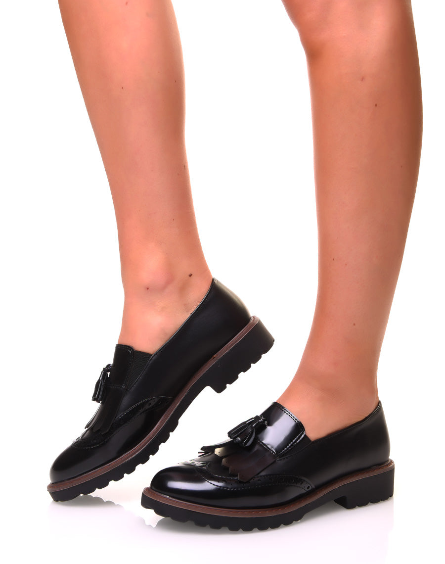 Mocassins noirs bi-matières à franges avec un pompom