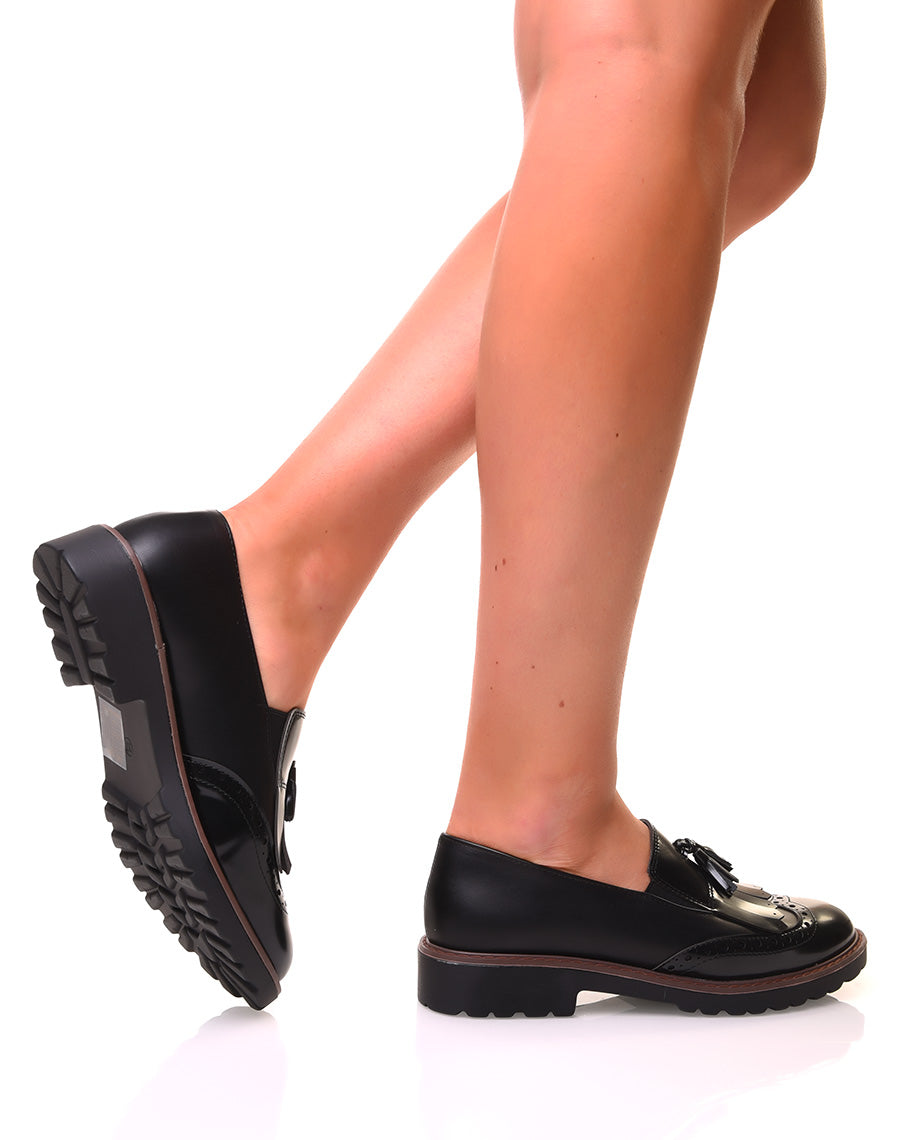 Mocassins noirs bi-matières à franges avec un pompom