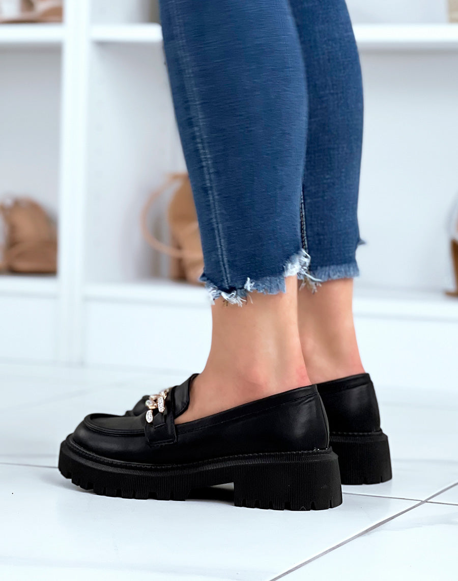 Mocassins noirs à chaîne dorée à strass et semelle crantée