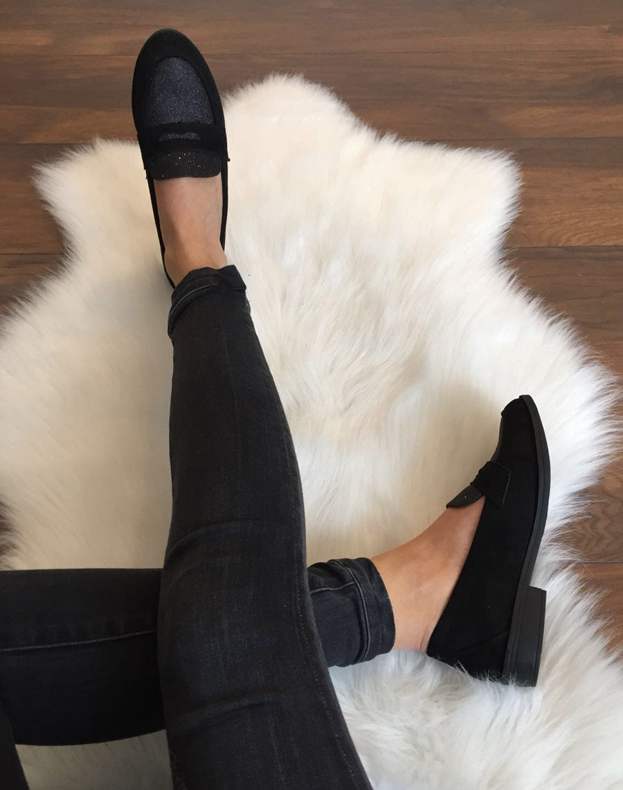 Mocassins noirs en suédine effet pailleté