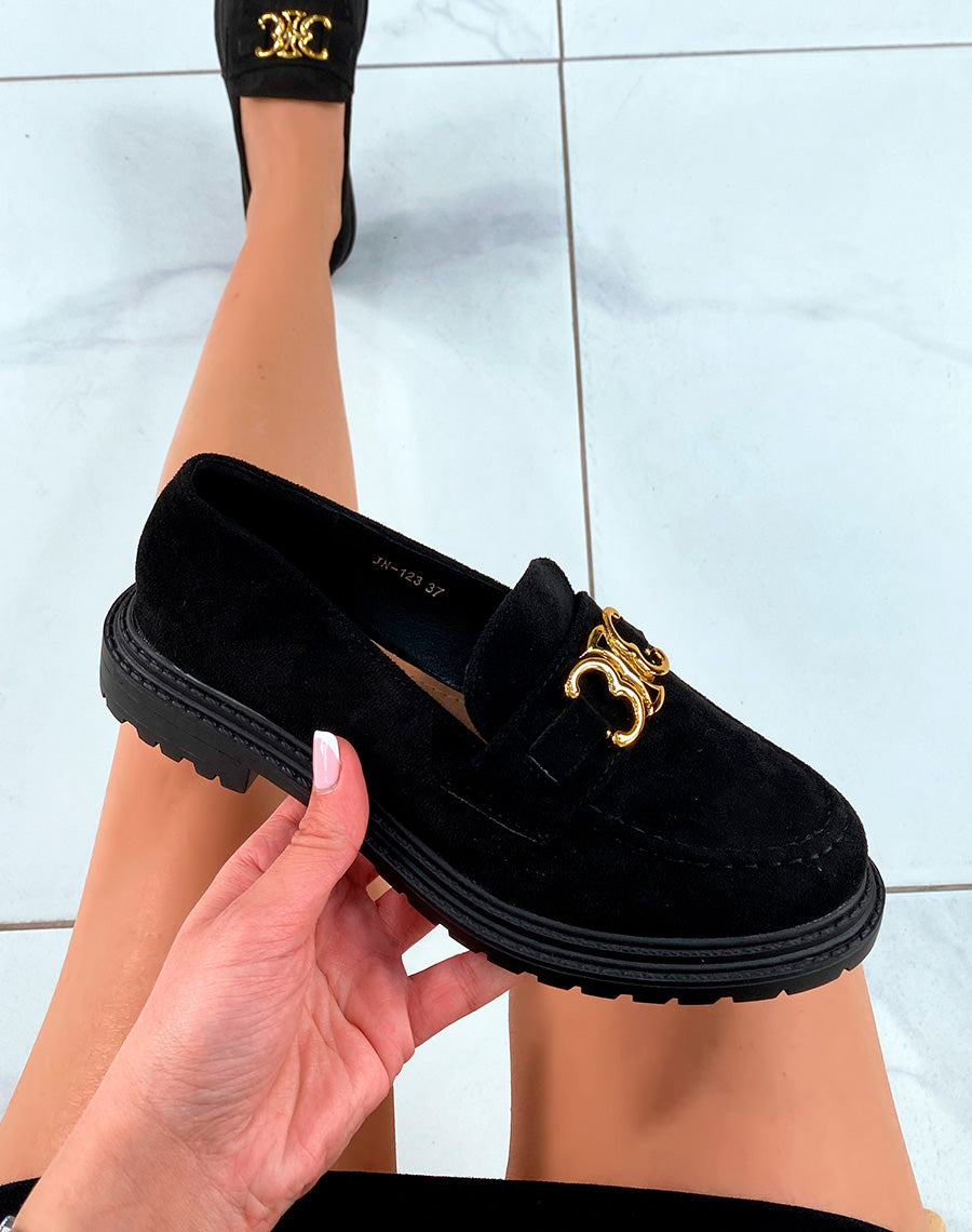 Mocassins noirs en suédine et à détail doré pour femme