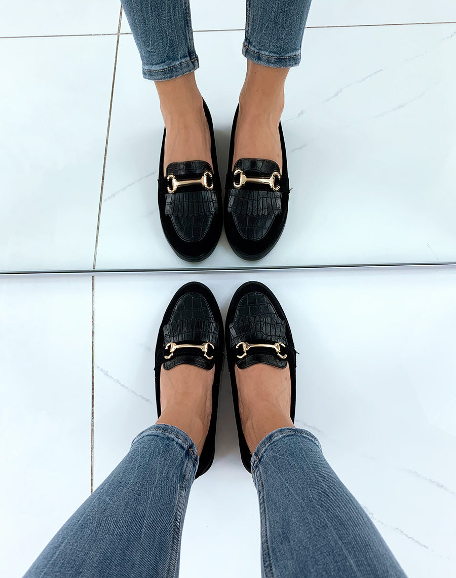 Mocassins noirs en suédine à franges et à détails croco