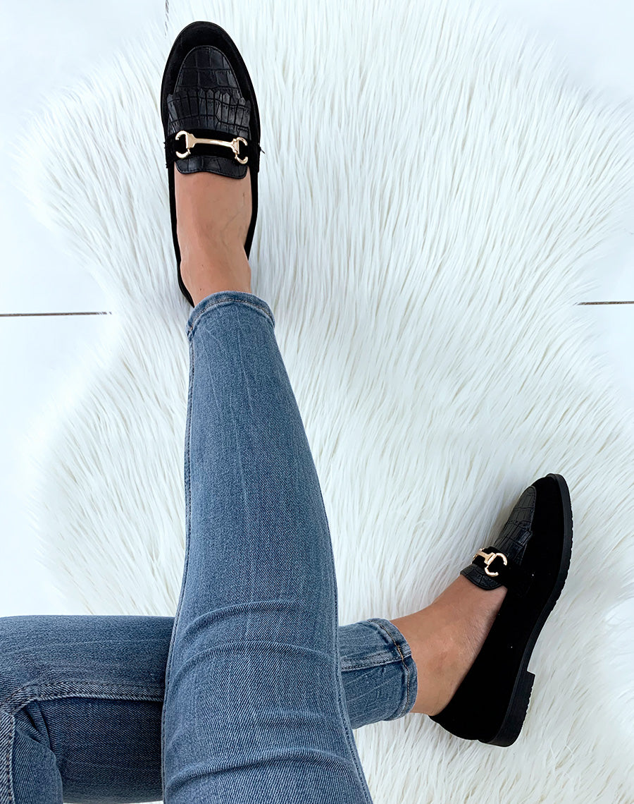 Mocassins noirs en suédine à franges et à détails croco