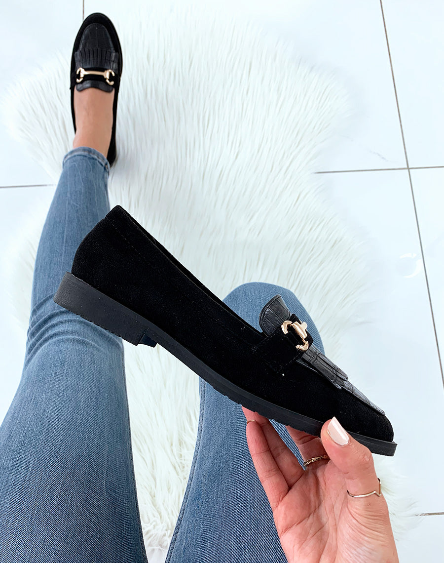 Mocassins noirs en suédine à franges et à détails croco