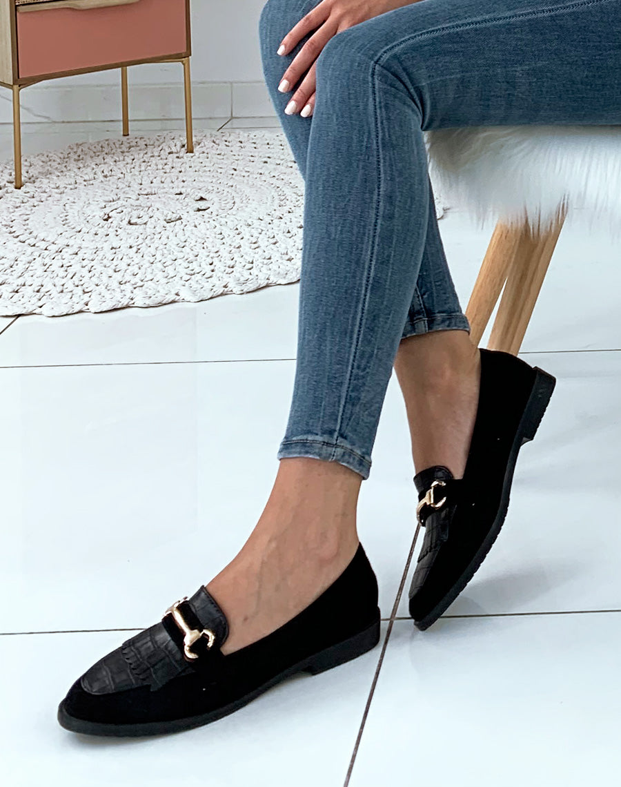Mocassins noirs en suédine à franges et à détails croco