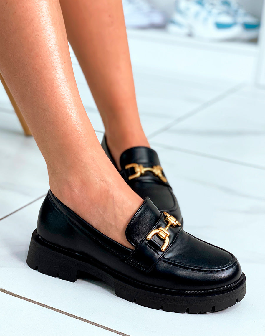 Mocassins noirs à plateforme et à détail doré pour femme