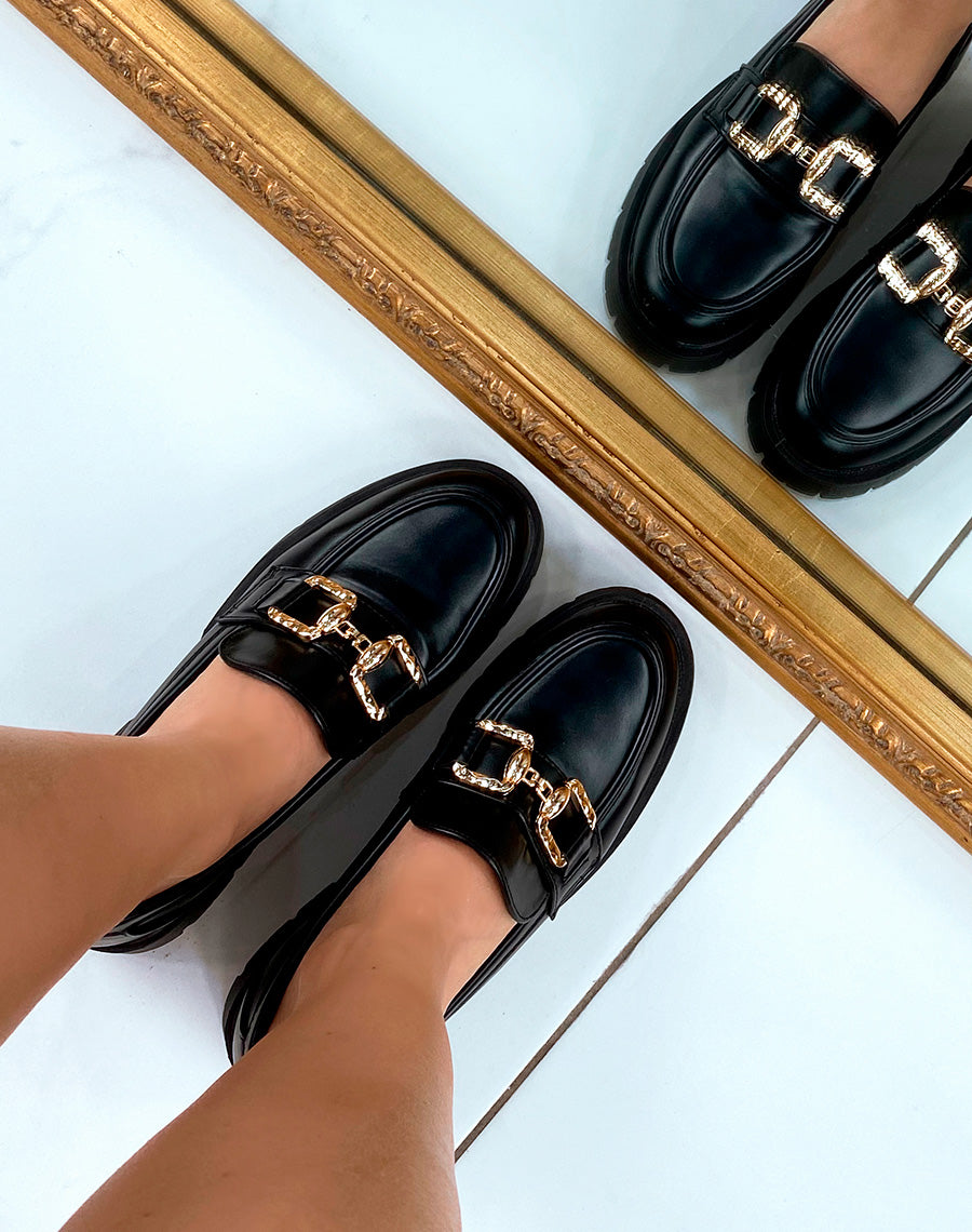 Mocassins noirs à plateforme pour femme avec détail doré