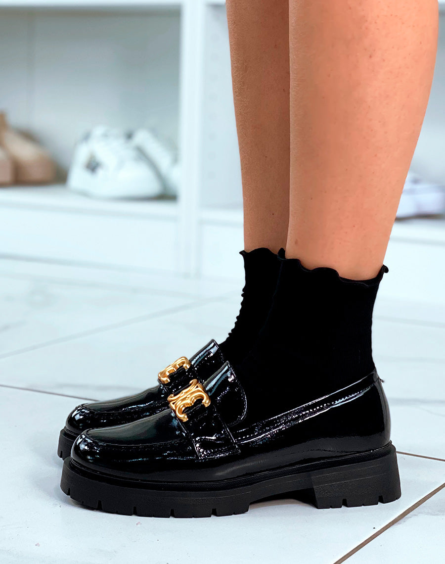 Mocassins noirs vernis à plateforme et à détail doré