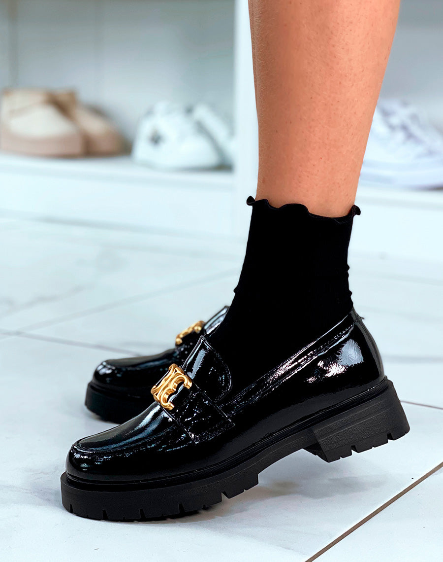 Mocassins noirs vernis à plateforme et à détail doré