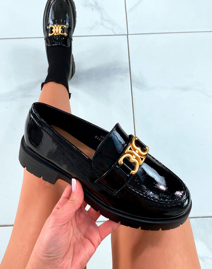 Mocassins noirs vernis à plateforme et à détail doré