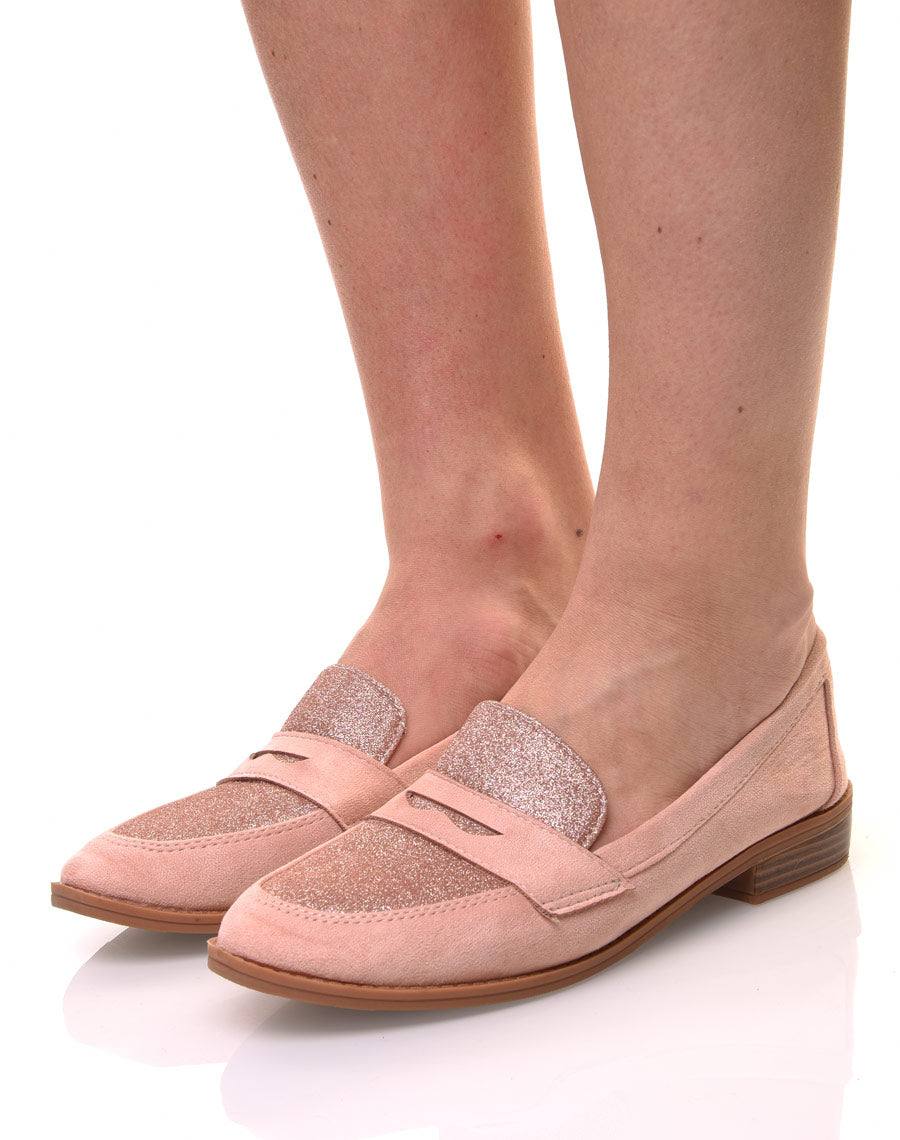 Mocassins roses en suédine effet pailleté