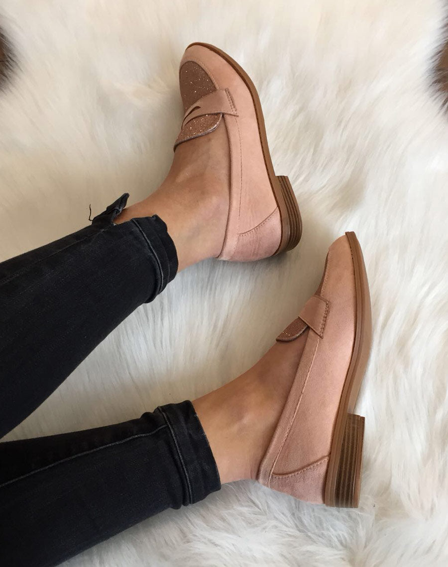 Mocassins roses en suédine effet pailleté