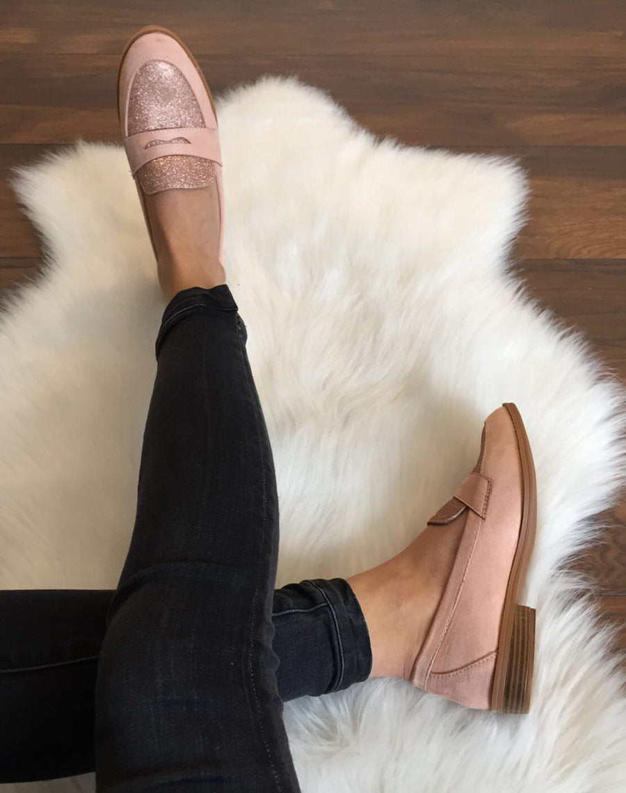 Mocassins roses en suédine effet pailleté