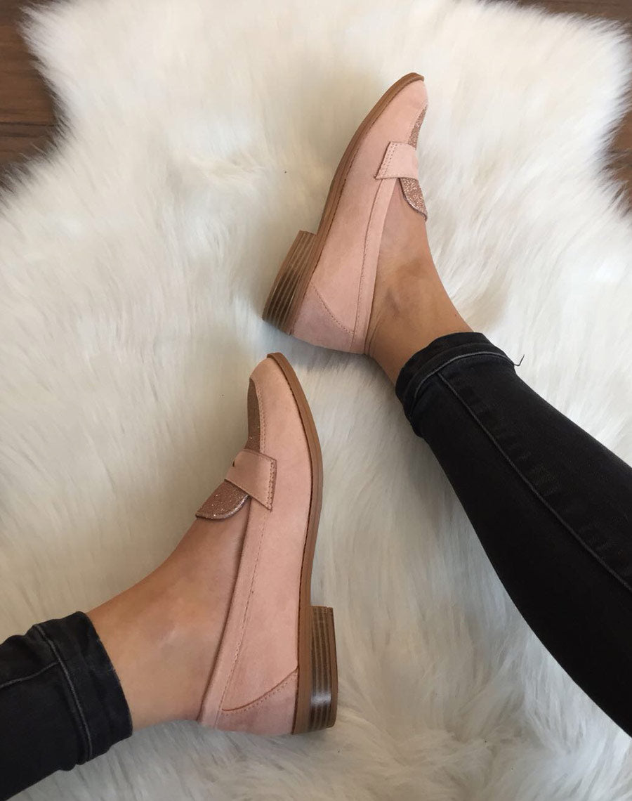 Mocassins roses en suédine effet pailleté