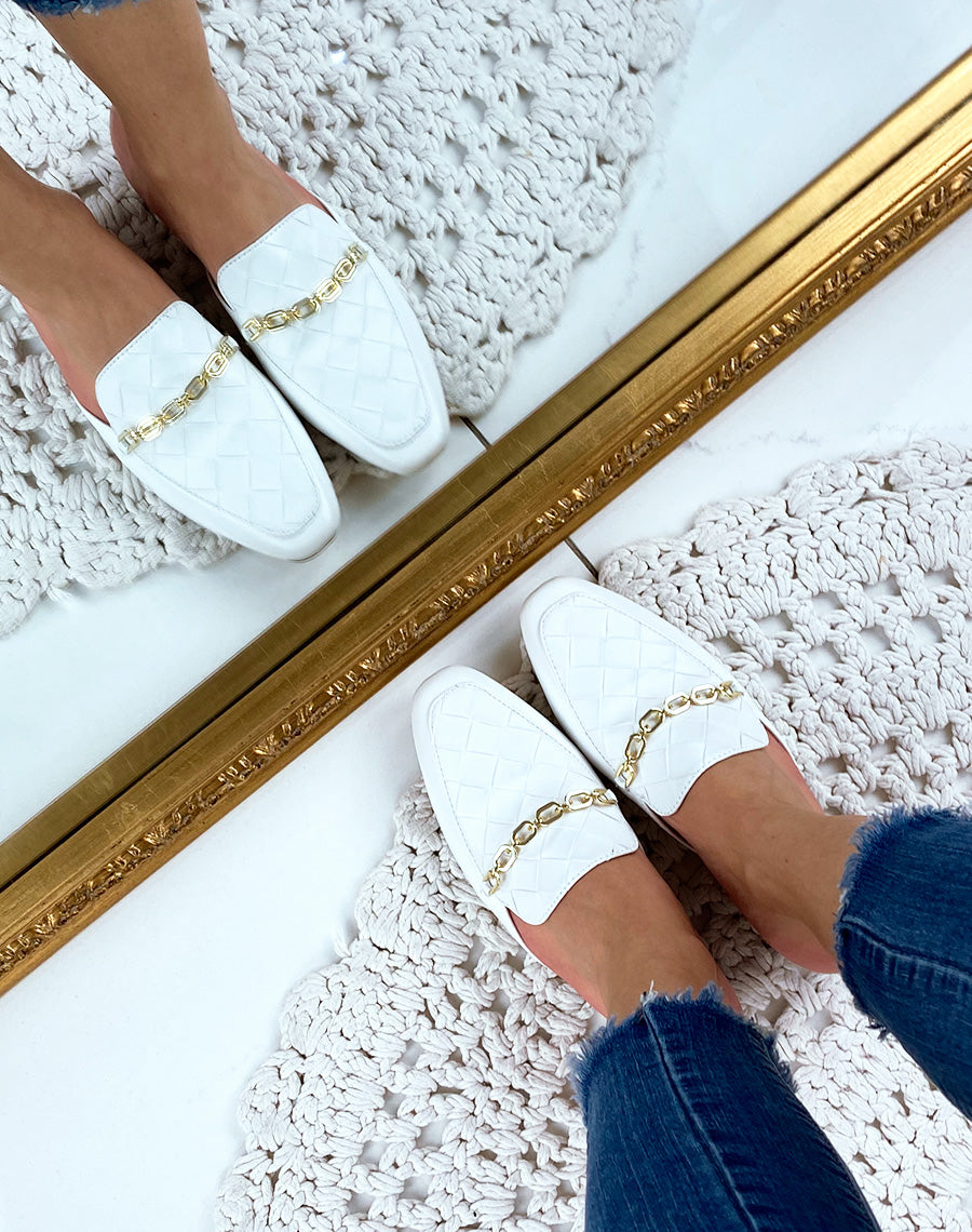 Mule style mocassin blanche en simili cuir