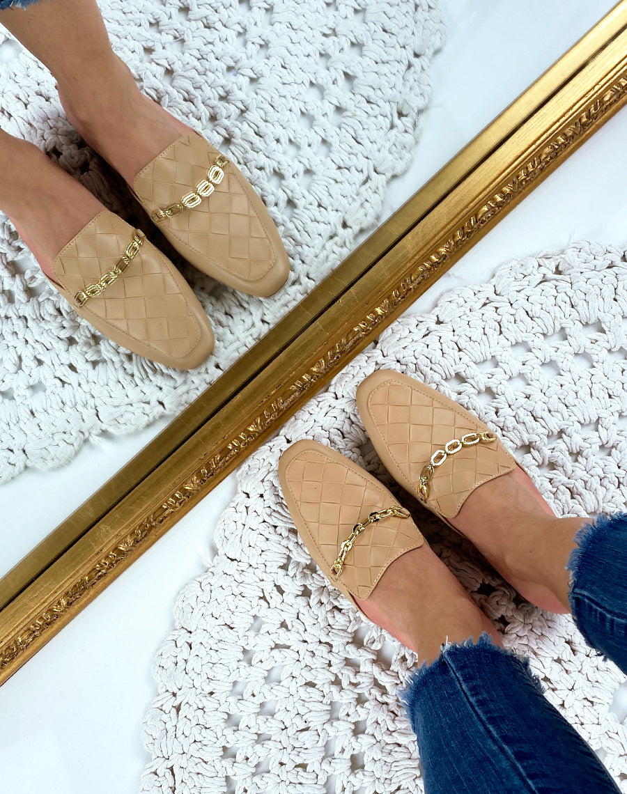 Mule style mocassin camel en simili cuir