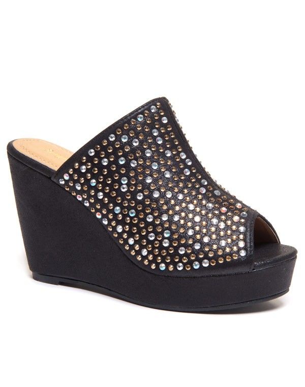 Mule à talon compensé et strass argenté et doré