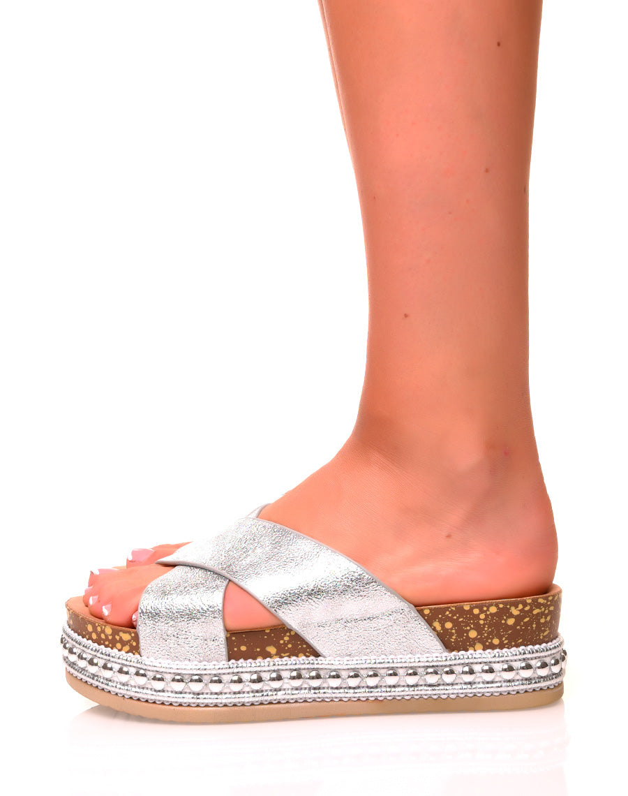 Mules argentées à doubles brides