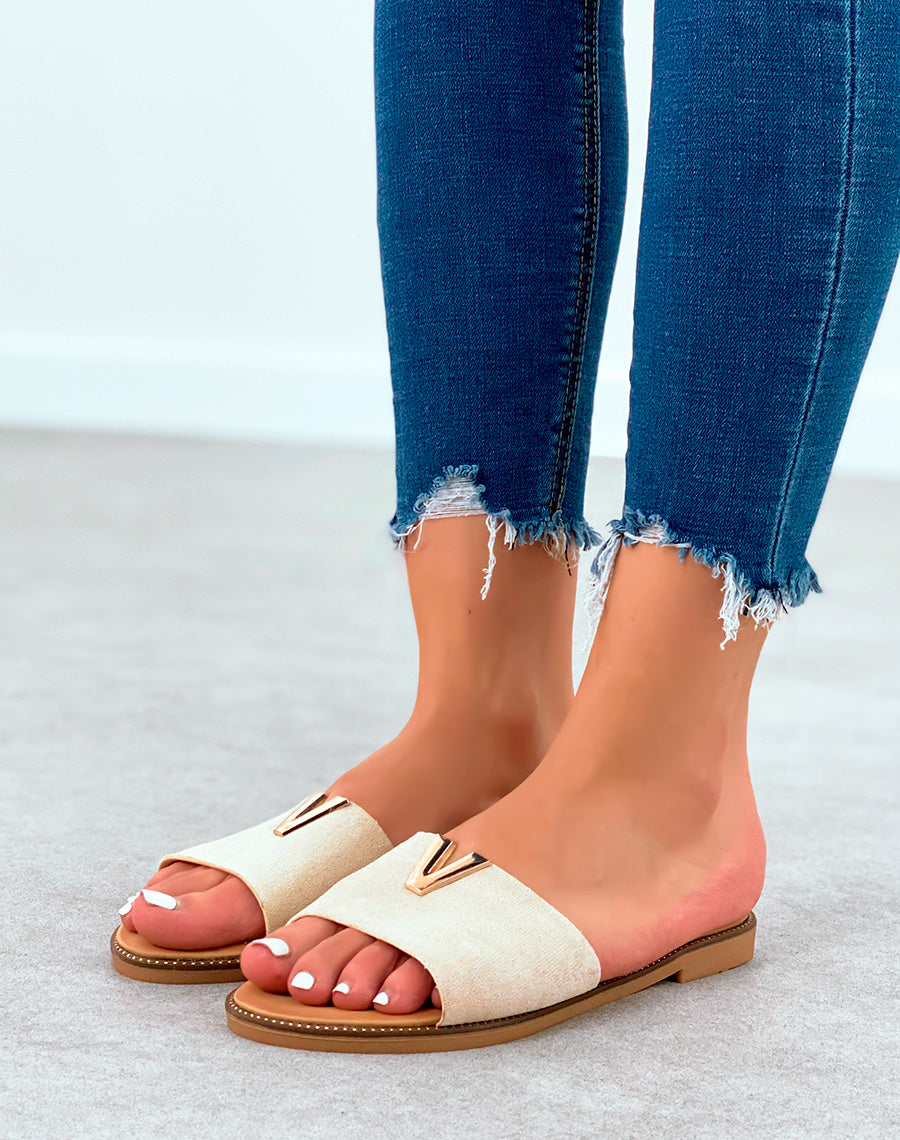 Mules beige en suédine à détails doré