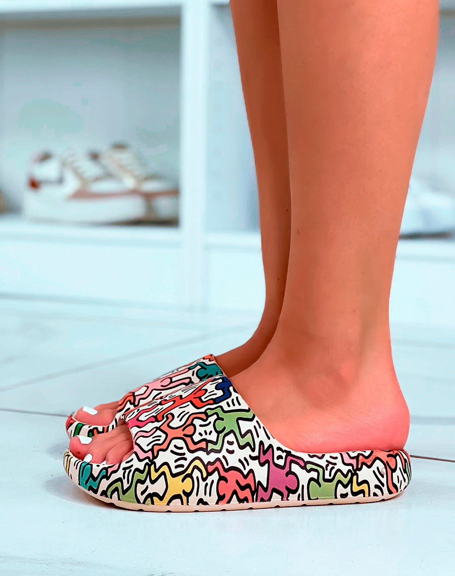 Mules beige à motifs multicolores