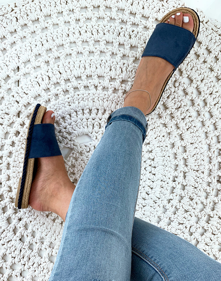 Mules bleu suédine semelle en corde