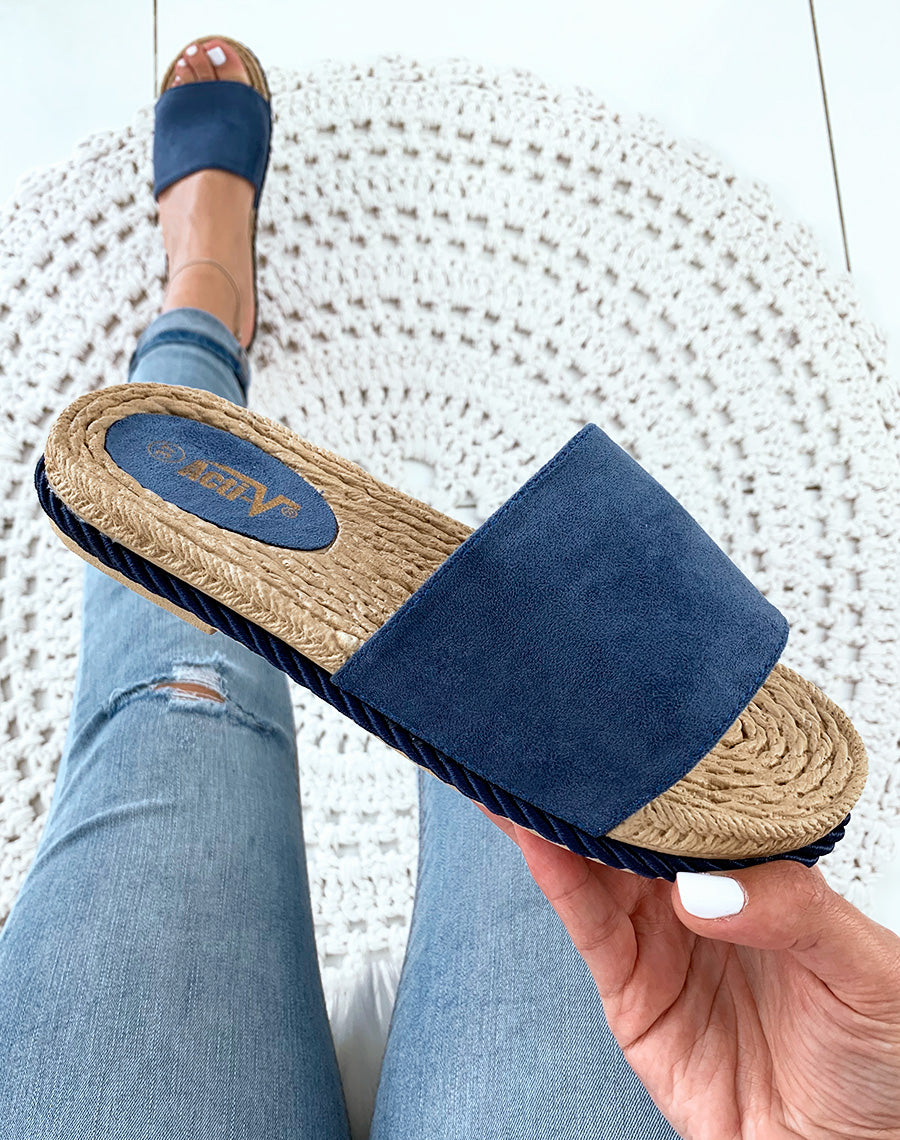 Mules bleu suédine semelle en corde