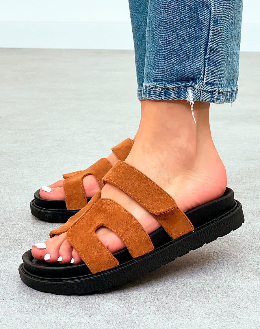 Mules Camel Modernes avec Bride en H et Fermeture Scratch ? Confort Urbain