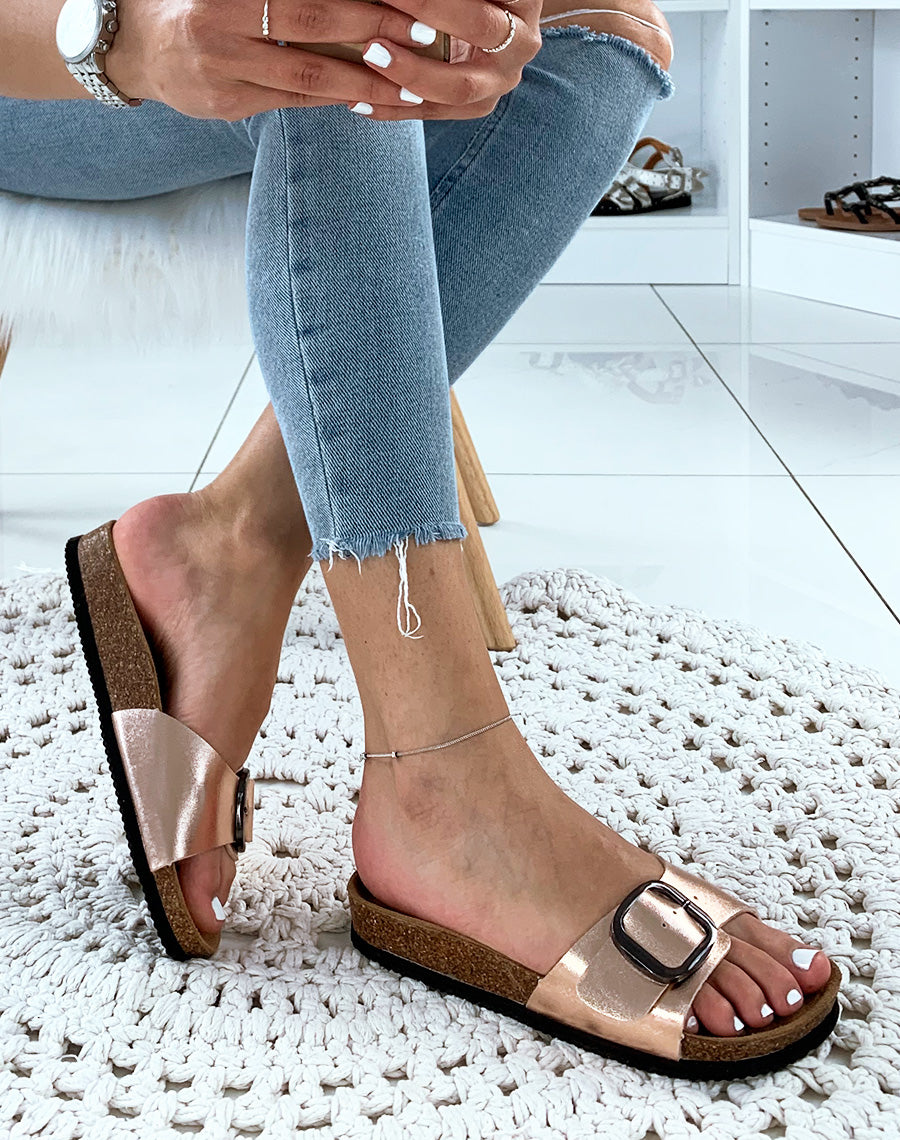 Mules champagne anatomique à grosse boucle