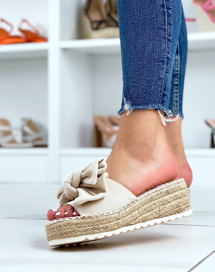 Mules compensées beiges à nœud