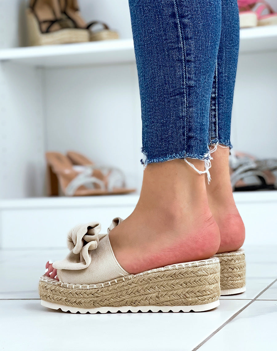 Mules compensées beiges à nœud