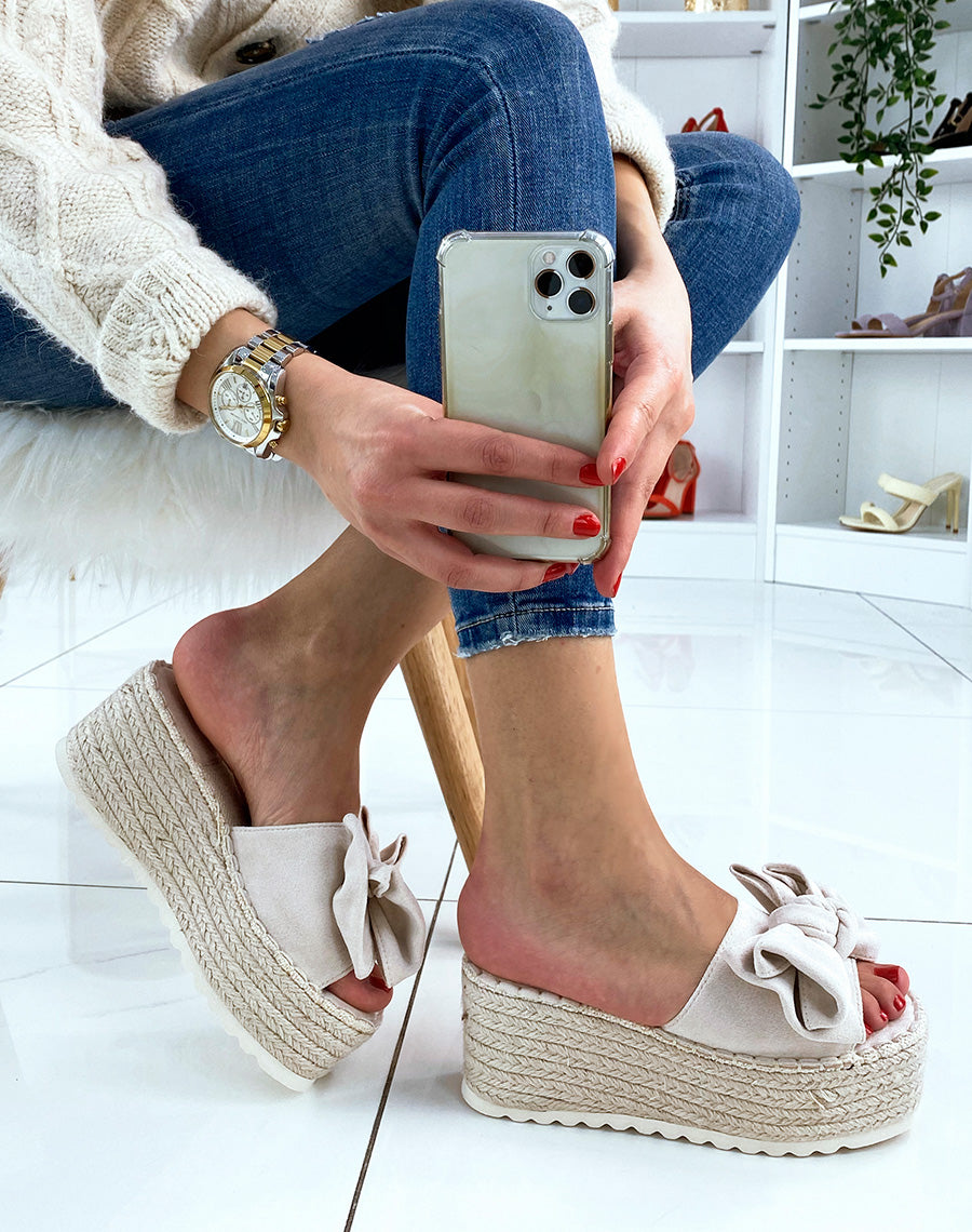 Mules compensées beiges à noeud