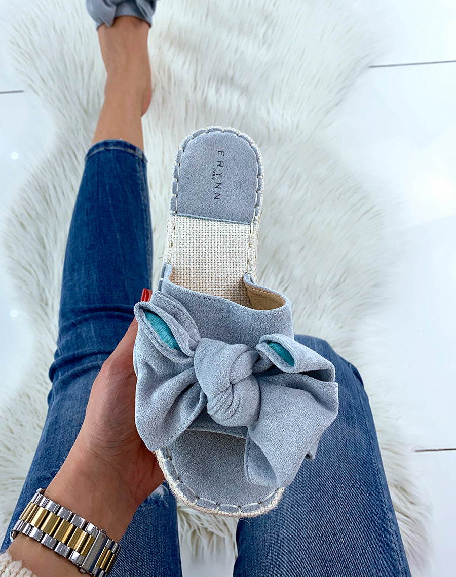 Mules compensées bleu pastel à noeud