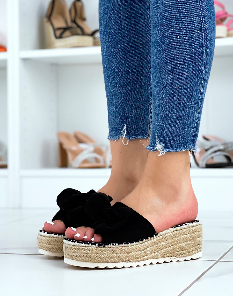 Mules compensées noires à nœud