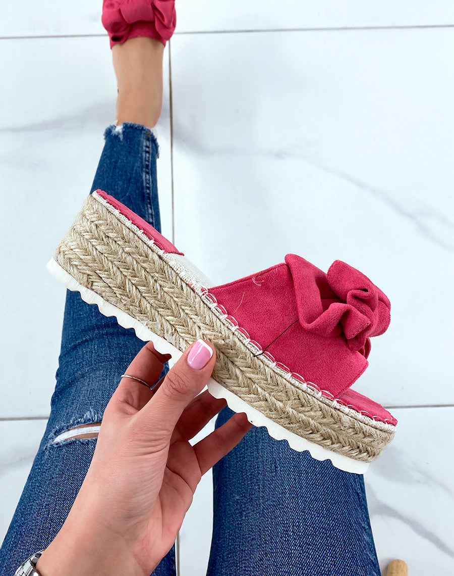 Mules compensées rose fushia à nœud