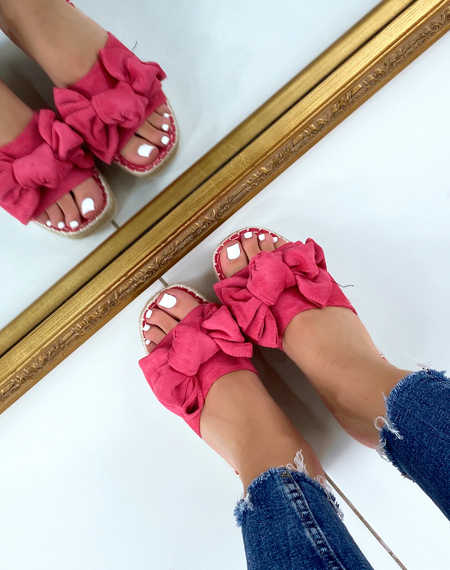 Mules compensées rose fushia à nœud