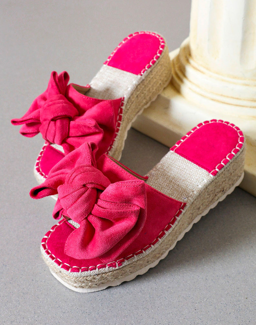 Mules compensées rose fushia à nœud