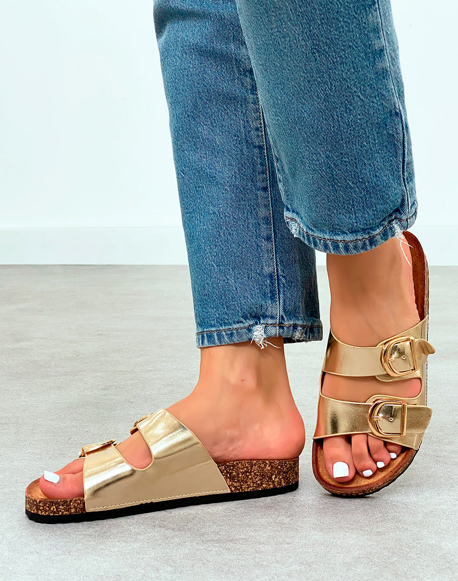 Mules Dorées avec Double Sangle et Boucles Dorées – La Touche Chic