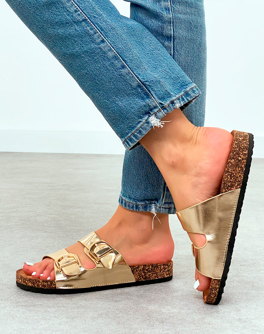 Mules Dorées avec Double Sangle et Boucles Dorées – La Touche Chic