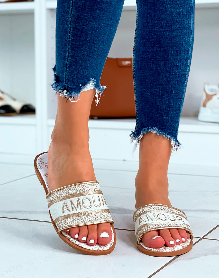 MULES DORÉES EN TISSU À INSCRIPTION AMOUR