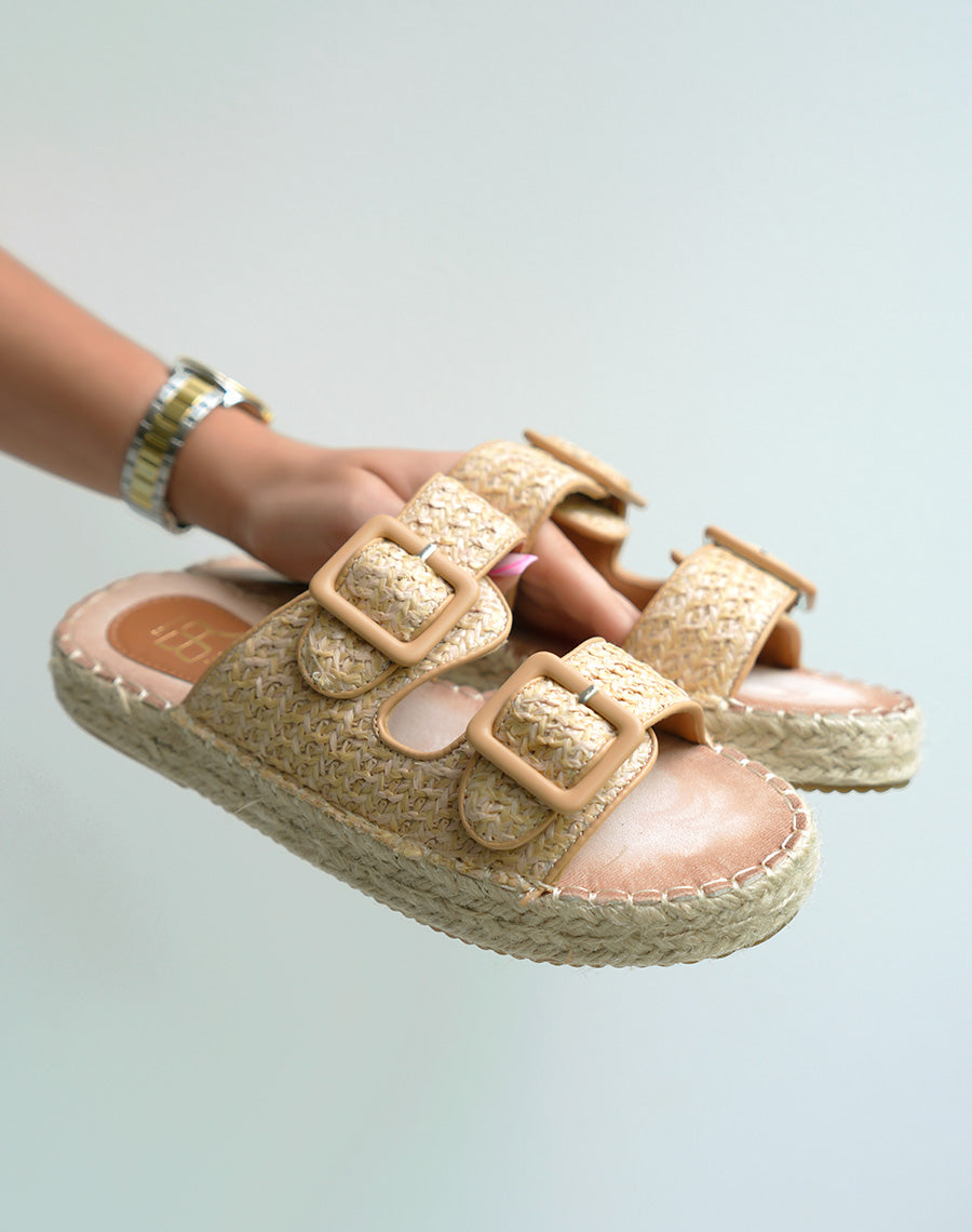 Mules à double bride femme effet tissé beige avec semelle épaisse en corde tendance