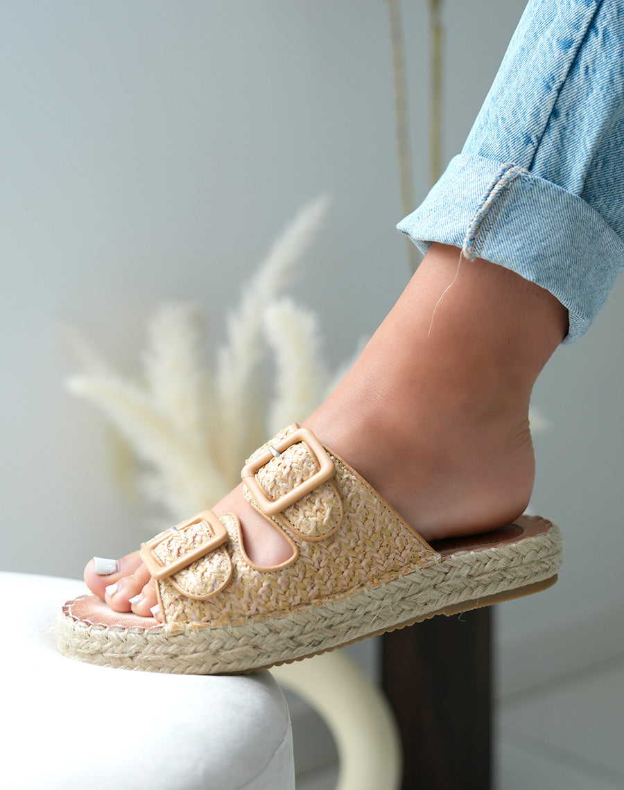 Mules à double bride femme effet tissé beige avec semelle épaisse en corde tendance