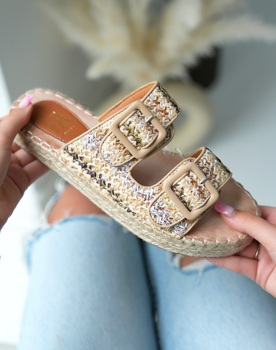 Mules à double bride femme effet tissé multicolore avec semelle épaisse en corde élégante