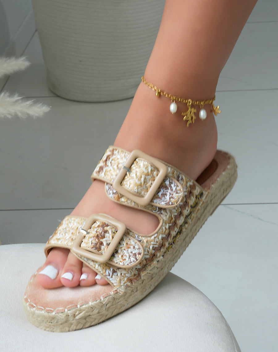 Mules à double bride femme effet tissé multicolore avec semelle épaisse en corde élégante