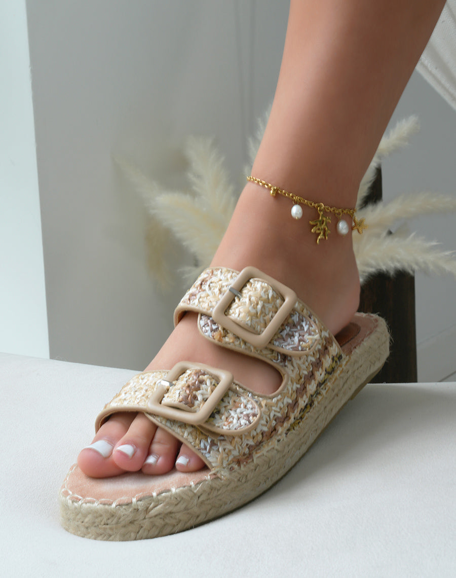 Mules à double bride femme effet tissé multicolore avec semelle épaisse en corde élégante