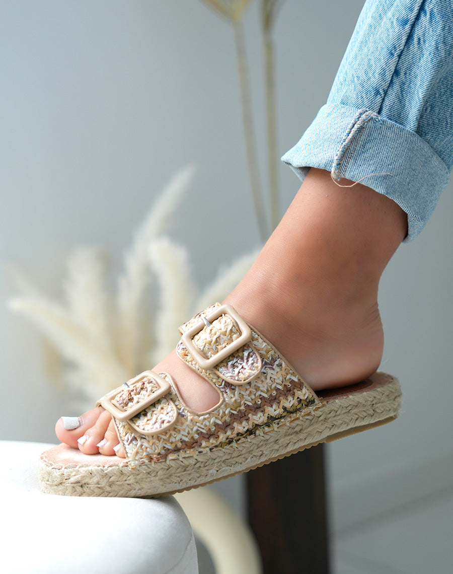Mules à double bride femme effet tissé multicolore avec semelle épaisse en corde élégante