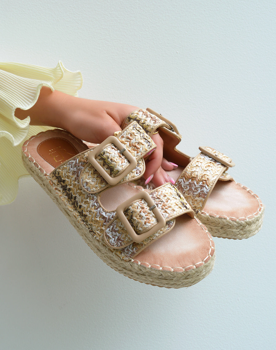 Mules à double bride femme effet tissé multicolore avec semelle épaisse en corde élégante