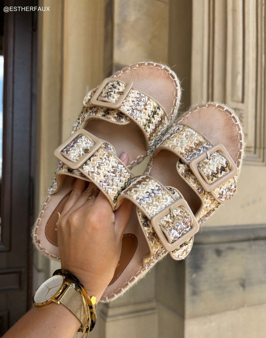 Mules à double bride femme effet tissé multicolore avec semelle épaisse en corde élégante